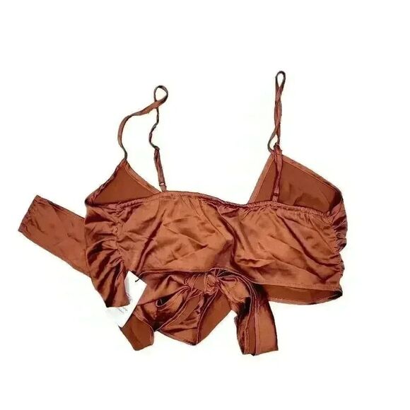 Cider Women's Golden Brown Poly Satin Cross Front Adj Strap Tank Top w Back Bow - Picture 4 of 9